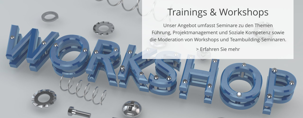 Trainings & Workshops Unser Angebot umfasst Seminare zu den Themen  Führung, Projektmanagement und Soziale Kompetenz sowie die Moderation von Workshops und Teambuilding-Seminaren. > Erfahren Sie mehr