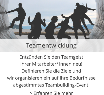Teamentwicklung Entzünden Sie den Teamgeist  Ihrer Mitarbeiter*innen neu!  Definieren Sie die Ziele undwir organisieren ein auf Ihre Bedürfnisse  abgestimmtes Teambuilding-Event! > Erfahren Sie mehr